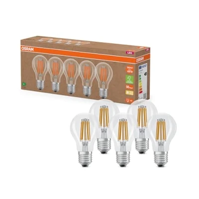 Imagen de OSRAM Lámparas LED de alta eficiencia con clase energética A, Paquete 5 bombillas, reemplaza 100W, blanco cálido (2700K), E27, vidrio filamento