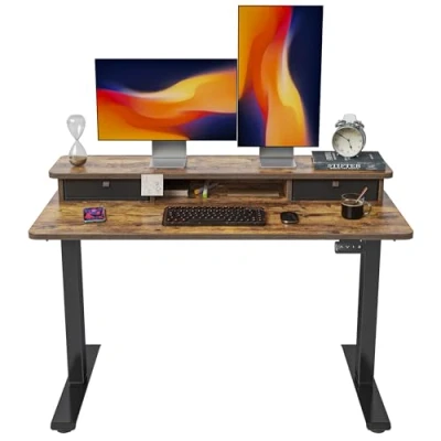 Imagen de FEZIBO Escritorio de Pie Eléctrico con 2 Cajones 120 * 60 cm Mesa Altura Ajustable Tablero, Sistema Anticolisión, Soporte para Monitor, Panel Control Funciones Memoria Oficina y Hogar