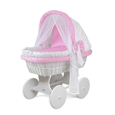 Imagen de WALDIN Cuna Moisés, Carretilla portabebés XXL, 54 Modelos a Elegir, Madera/Ruedas Lacado en Blanco, Color Textil Rosa/Agujas