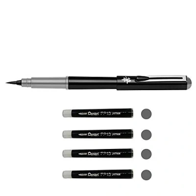 Imagen de Pentel Pocket Brush GFKPN Fudepen, tinta pigmentada, para caligrafía, bocetos, dibujos, gris + 4 cartuchos