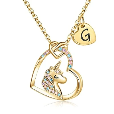 Imagen de TINGN Collar de Unicornio regalos para Niña, Chapado en Oro 14 Quilates Inicial G Corazón Colgante CZ Letra Niñas Cumpleaños Unicornios Niña Mujeres Joyería