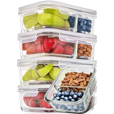 Imagen de Prep Naturals [5 pieza] Recipientes de Cristal para Alimentos Hermético con Tapas Vidrio sin BPA (850 ml: 2 Compartimentos)