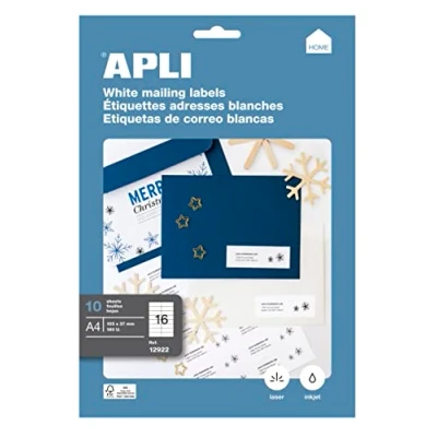 Imagen de APLI 12922 Etiquetas blancas permanentes adhesivas imprimibles, Inkjet Laser Copy, tamaño etiqueta 105 x 37 mm, cantos rectos, pack de 10 hojas A4 ( 160 etiquetas), ideal para sobres y paquetes