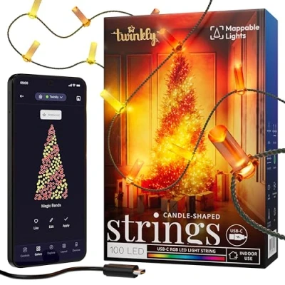 Imagen de Twinkly Strings USB C Candle 100 LED, guirnalda LED en forma de vela, cable luminoso multicolor RGB, compatible con Alexa, Google Home, Navidad, alimentación C, verde, 6 m