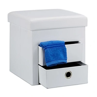 Imagen de Relaxdays Asiento Plegable con 2 cajones de Almacenamiento Hecho Cuero Sintetico Medidas 38 x cm Ideal para almacenar revistas Juguetes pequeñas Cosas, Color Blanco, 38x38x38