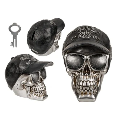 Imagen de Out of the blue Hucha con Cerradura, diseño de Calavera Gorra Base, Aprox. 16 x 13 cm, polirresina, Color Plateado