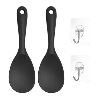 Imagen de Juego de 2 cucharas cocina silicona, ganchos, arroz grandes, cabeza redonda, para servir, redondas silicona color negro,