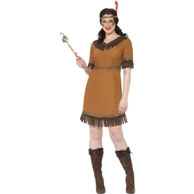 Imagen de Smiffys Disfraz de doncella inspirado por las americanas nativas, marrón, con vestido, cinturón y cinta para la cabeza