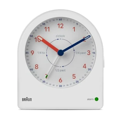 Imagen de Braun Reloj Despertador de Aprendizaje analógico retroiluminación Continua y suspensión, manecillas silenciosas, Esfera fácil Leer, Alarma Sonora in Crescendo en Blanco, Modelo BC22TW.