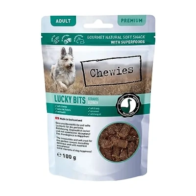 Imagen de Chewies Lucky bits Ramo de golosinas para Perros Adultos, sin Cereales y Suaves, con Muchas proteínas superalimentos como levadura Cerveza o Ginkgo, azúcar (100 g)