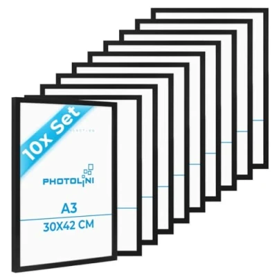 Imagen de PHOTOLINI marcos A3 30x42 cm negro madera MDF, set de 10 para pósteres, cristal acrílico, colgar, incluye accesorios fotos, láminas y pósteres