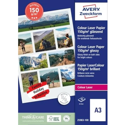 Imagen de Avery España 25983 100 Pack de hojas papel fotográfico para impresoras, 420 x 297 mm, color blanco
