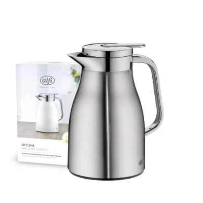 Imagen de alfi SKYLINE 1,0 l, jarra isotérmica de acero inoxidable con inserción higiénica vidrio duro, tapón rosca cómodo pulsador, mango ergonómico a una mano, ideal como café o té, sin BPA