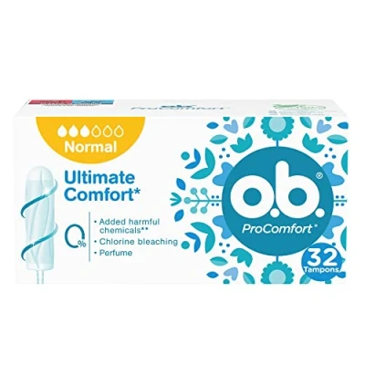 Imagen de tampones OB ProComfort Normal, de absorbencia normal sin sustancias químicas nocivas, blanqueamiento con cloro ni fragancia, aplicador, 32 unidades