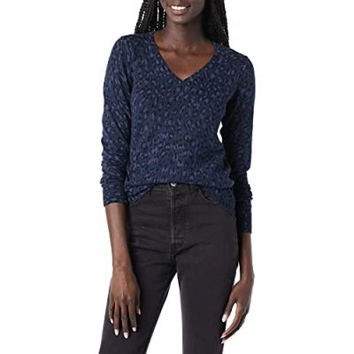 Imagen de Amazon Essentials Jersey de Cuello en V, Manga Larga, Ligero y Ajuste Clásico (Disponible Tallas Grandes) Mujer, Azul Marino Negro Guepardo, S