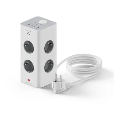 Imagen de Ewent Regleta Vertical Enchufes 12 en 1 (3680W/16A), Torre Regletas 2 USB C y + 8 Tomas con interruptores, Proteccion Sobretension, Cable 2M, para Hogar Oficina, Blanco/Gris