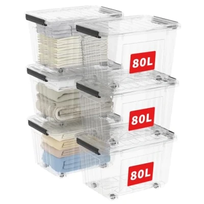 Imagen de Cetomo C5039 Juego de 6 cajas almacenaje apilables plástico con ruedas, (polipropileno), transparente, 62,5 x 45,5 40 cm