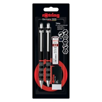 Imagen de Rotring Juego de portaminas y bolígrafo, goma recambios Mina Tikky HB, 0,5 mm Punta media Cuerpo negro Ligero con empuñadura