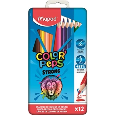 Imagen de Maped Pinturas de Madera Lápices Colores Strong 12 con Presentación en Caja Metálica Diseño Lúdico Mina Resistente Dimensiones Compactas