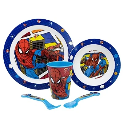 Imagen de Set vajilla infantil reutilizable apta para microondas compuesta por vaso, plato, cuenco y cubiertos de Spiderman