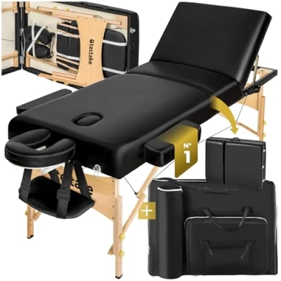 Imagen de TecTake® Camilla Masaje Plegable de Madera, Profesional para Fisioterapia, Quiromasaje, Tatoos, Reiki, Estética Ajustable, con Bolsa Transporte, 218x102x65 90 cm Negro