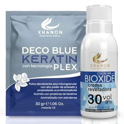 Imagen de PACK Polvos decolorantes de Cabello + Crema Oxidante 8 tonos Aclarado Decolorante pelo Profesional Aroma Arándanos Decoloracion Azul con Tecnología PLEX y Keratina (Sachet) (PACK 30 VOL)