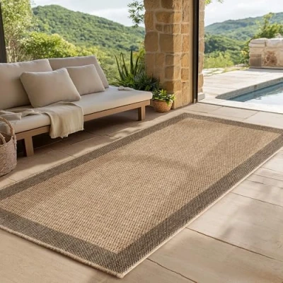 Imagen de SIMPEX Alfombra para Interior y Exterior Robusta, Resistente a la Intemperie fácil de Limpiar, con Efecto Yute Natural, Ideal salón, Cocina, terraza, jardín balcón, 80x250 cm