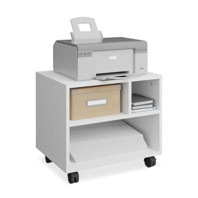 Imagen de Relaxdays Mesa Impresora con 3 Compartimentos, Cajonera Oficina Ruedas, Mueble Despacho, 35,5 x 40 30 cm, Blanco, Tablero de Fibras