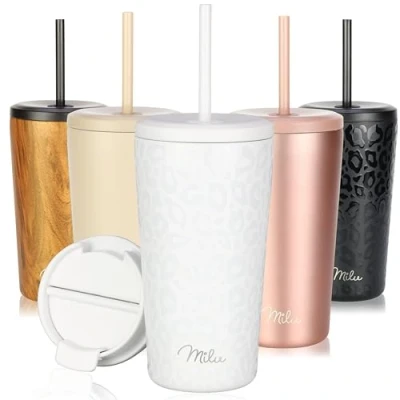 Imagen de Milu Termo Cafe 300ml, 400ml, 500ml Vaso Termico Antigoteo, Taza Termica acero inox sin BPA, Insulated Mug para llevar (White Leopard, 500ml)