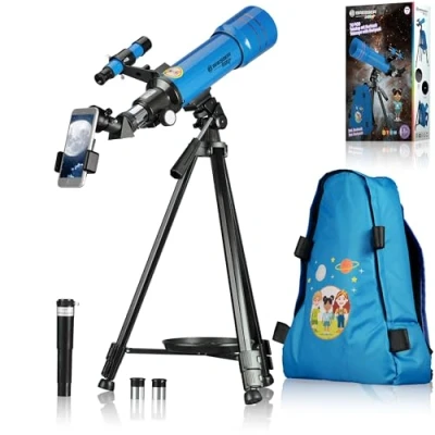 Imagen de Bresser Junior 70/400 telescopio para niños a Partir de 8 años, astronomía Principiantes, con Mochila, Accesorios y Soporte Smartphone, Cielo Nocturno Azul