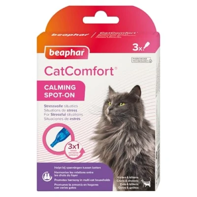 Imagen de Beaphar CatComfort Pipetas Antiestrés para Gatos, con Feromonas Reduce Estrés y Ansiedad, Miedos, Cambios Entorno, Hogar, Maullidos, Marcajes Orina, Conflictos, 3 Unidades