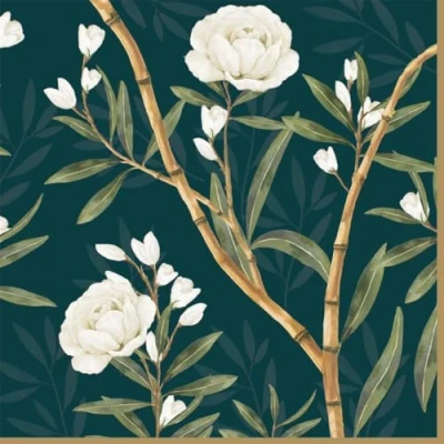 Imagen de 20 Servilletas con flores de peonías blancas sobre bambú como decoración mesa. papel motivos, también para decoupage y técnica servilletas, 33 x cm