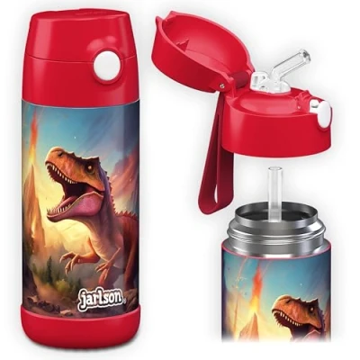 Imagen de JARLSON® botella Agua niños con pajita CHARLI, Botellas Acero Inoxidable termica, sin BPA, a Prueba de Fugas, para la Escuela y Deportes, el Termo, 350 ml
