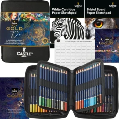 Imagen de Castle Art Supplies Estuche 72 Lápices Colores Calidad Oro+Accesorios Minas Color a Base Aceite, Calidad, Aportan Nitidez y Resistencia Roturas Artistas, Ilustradores con Cremallera