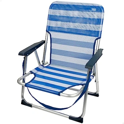 Imagen de AKTIVE Silla fija plegable de playa, respaldo fijo,Silla playa,44x40x72 cm,Silla plegable, aluminio,con asa para transportar,color azul y rayas blancas, soporta 100 kg peso (53950)