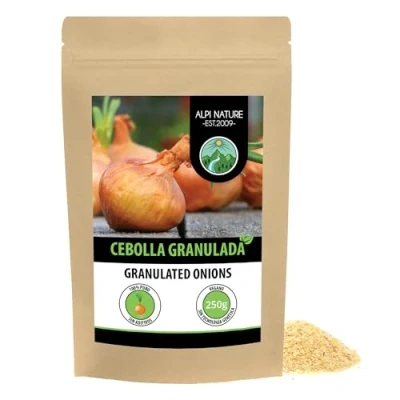 Imagen de cebollas granuladas (250g), gránulos de cebolla, molidas, 100% natural secas, naturalmente sin aditivos, vegano, cebolla especia