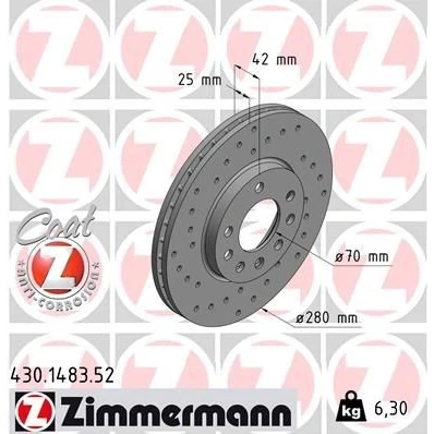 Imagen de ZIMMERMANN SPORT COAT Z 430.1483.52 Disco de freno 280 25 8/5 5 110 ventilación interna, perforado revestido altamente carbonizado OPEL: Astra H GTC