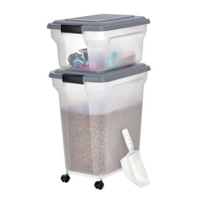 Imagen de Iris Ohyama Contenedor Pienso con ruedas, 45L+20L, Gris, comida perro, gatos, Hermética, para Mascotas, Transparente, Pet Food Container, Dog Storage, Libre de BPA, ATS C