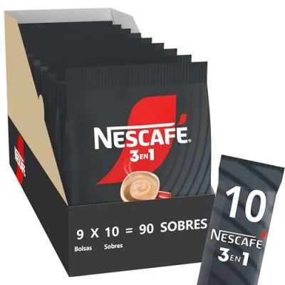 Imagen de NESCAFÉ 3 en 1, café soluble natural con leche y azúcar, Pack de 9 bolsas 10 sobres, TOTAL 90 sobres