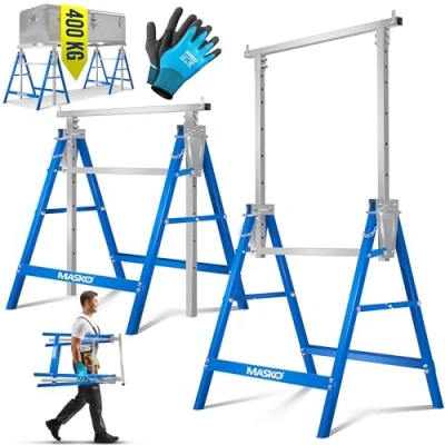 Imagen de MASKO® Caballete de trabajo Telescópico, Capacidad Carga máx. 200 kg, Andamio, Regulable en Altura 800 1300 mm, incl. Guantes, Juego 1 Plata/Azul