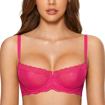 Imagen de DOBREVA Sujetador Balconette Transparente con Aros y Encaje Sexy Sin Forro para Mujer Rosa Brillante 100C