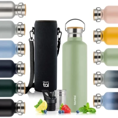 Imagen de Blumtal Termo 500ml Botella de Acero Inoxidable Doble Pared isotérmica Libre BPA té Deportiva Verde Verano