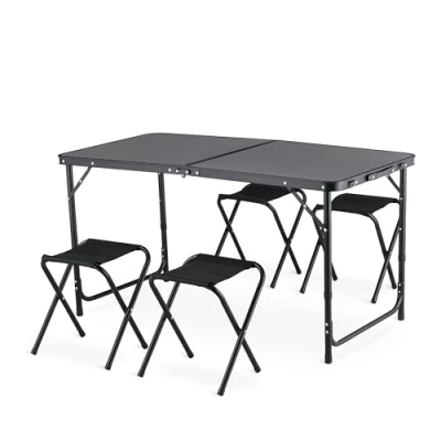 Imagen de Mesa de Camping con 4 sillas, Altura Ajustable, Plegable portátil, 120 x 60 cm, asa, Aluminio taburetes Plegables para Camping, Picnic, Barbacoa, jardín (Negro)