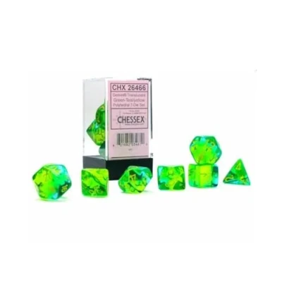 Imagen de Chessex Gemini Juego de dados translúcidos (7 poliédricos, color verde y azulado con amarillo
