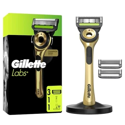 Imagen de Gillette Labs Maquinilla De Afeitar Con Barra Exfoliante Champion Gold Edition, 1 Mango, 3 Recambios, Soporte Magnético