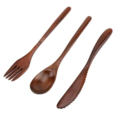 Imagen de Juego de Vajilla bambú Estilo japonés Cubiertos reutilizables viaje camping Cuchillo madera natural Tenedor Cuchara (Sin bolsa almacenamiento)