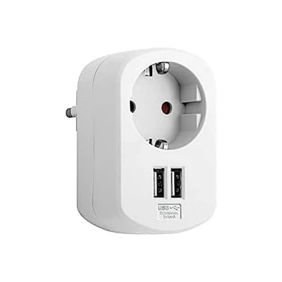 Imagen de Simon Adaptador Combi, de Viaje con Toma Schuko 16A y 2 Enchufes USB, Corriente Carga Pared, Ladrón Color Blanco