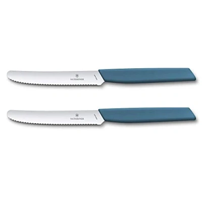Imagen de Victorinox Swiss Modern Juego de navajas, 2 piezas, hoja extra afilada, filo dentado, 11 cm, mango plástico, acero inoxidable, azul