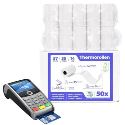 Imagen de SWIPARO Rollos papel térmico 57x35x12 mm para todos los TPV y las impresora térmica Rollo 57mm ideal máquinas de tarjetas Crédito (50 rollos)