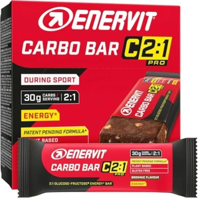 Imagen de Enervit, Carbo Bar C2:1PRO Brownie, Barrita de 45g, Avena con Glucosa, Fructosa y Vitamina B1, 30g Carbohidratos, Sin Gluten, Sabor Paquete 12 Barritas